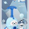 A light blue balloon-powered racing car toy is shown with an air pump and a small cat figure.