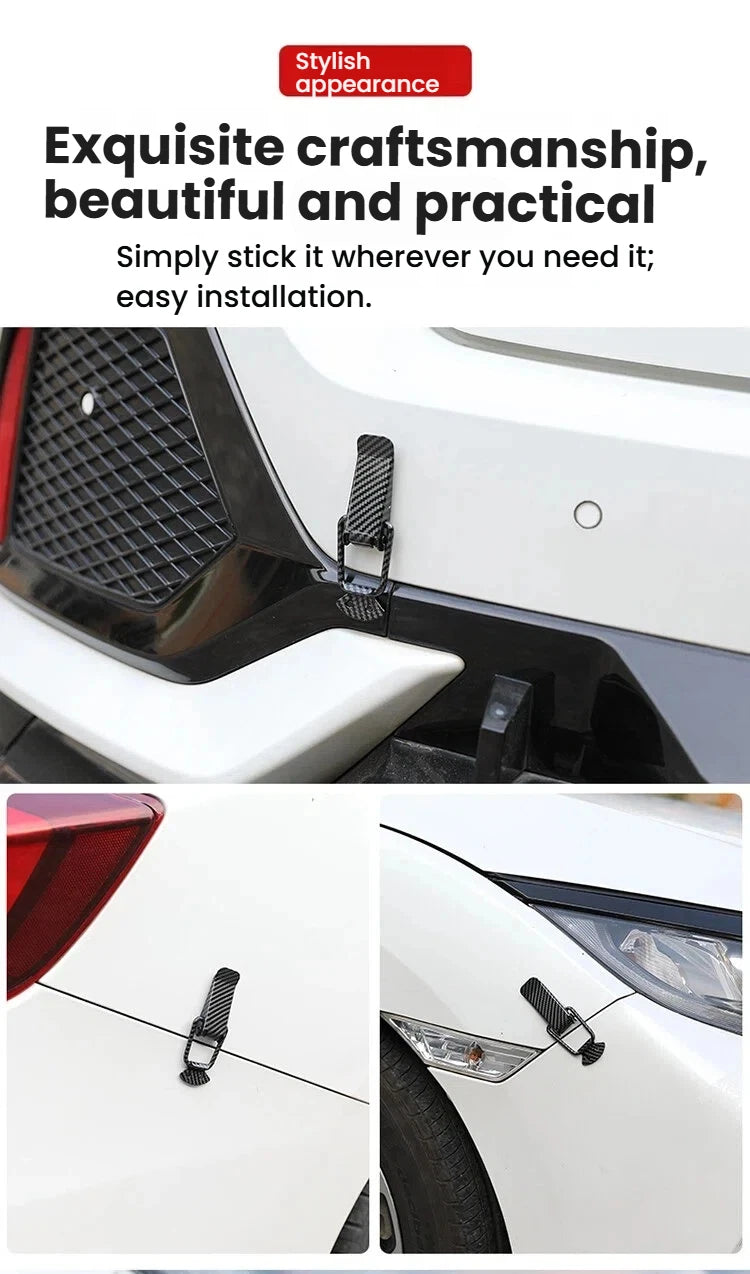 Close-up of an alloy hood pin lock kit installed on a white car, showing the mechanism securing the hood.