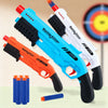 A collection of blue and white foam dart blasters and darts are displayed against a blurred target background.