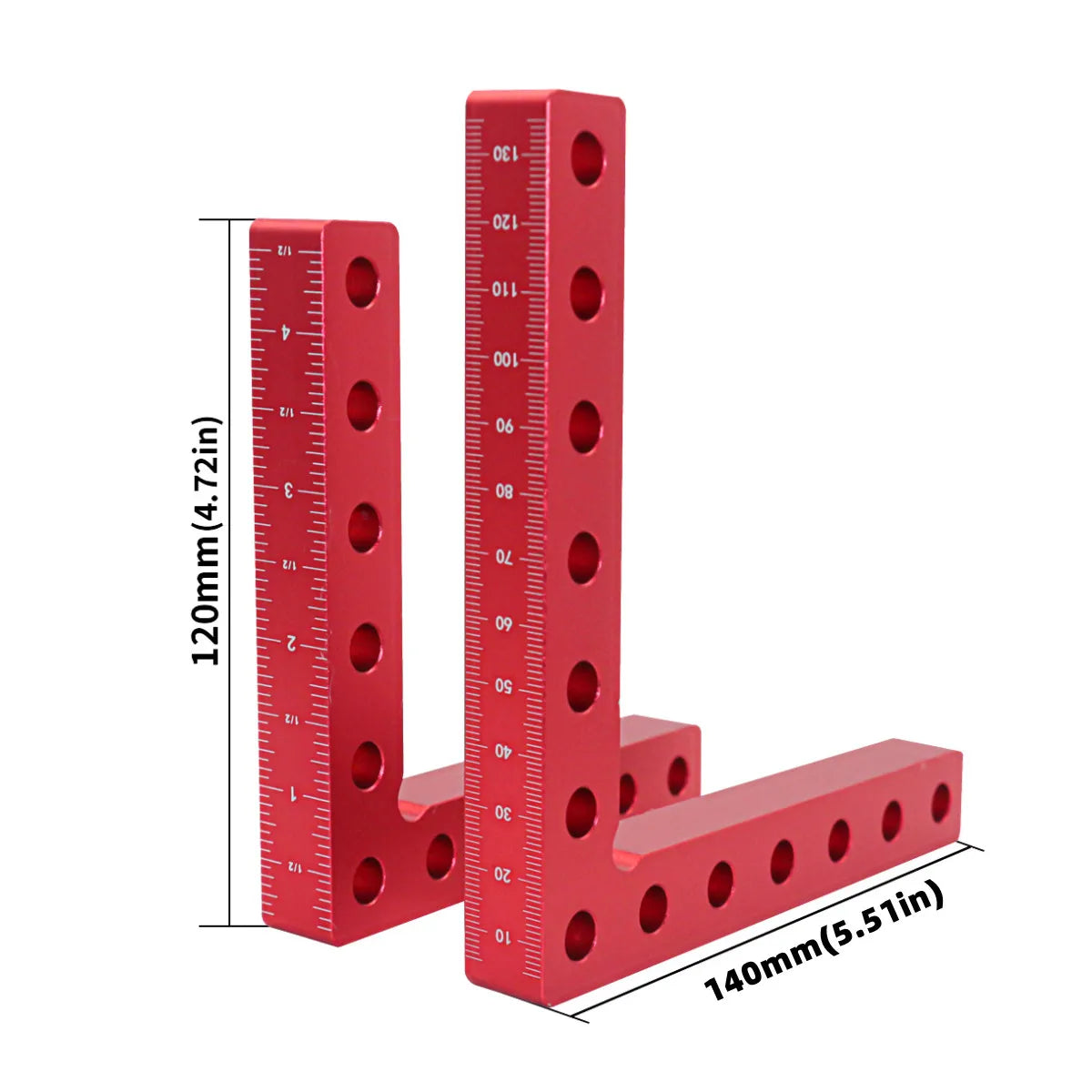 Ensemble de serres d'angle pour menuiserie de précision rouges, montrant une serre verticale et une en forme de L avec des ma