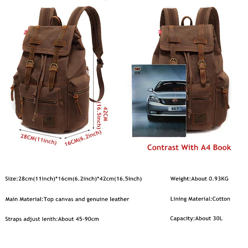 Vintage Canvas Backpack with Leather Accents – Large Capacity Travel & Laptop Bag