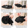 Instructions for folding and hanging a black mesh laundry basket with a hook strap