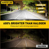 A comparison showing an AUXITO LED headlight bulb and a halogen headlight, highlighting the LED's brightness and performance.