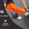 A person uses an orange handheld air blaster to seat a tire bead on a tire.