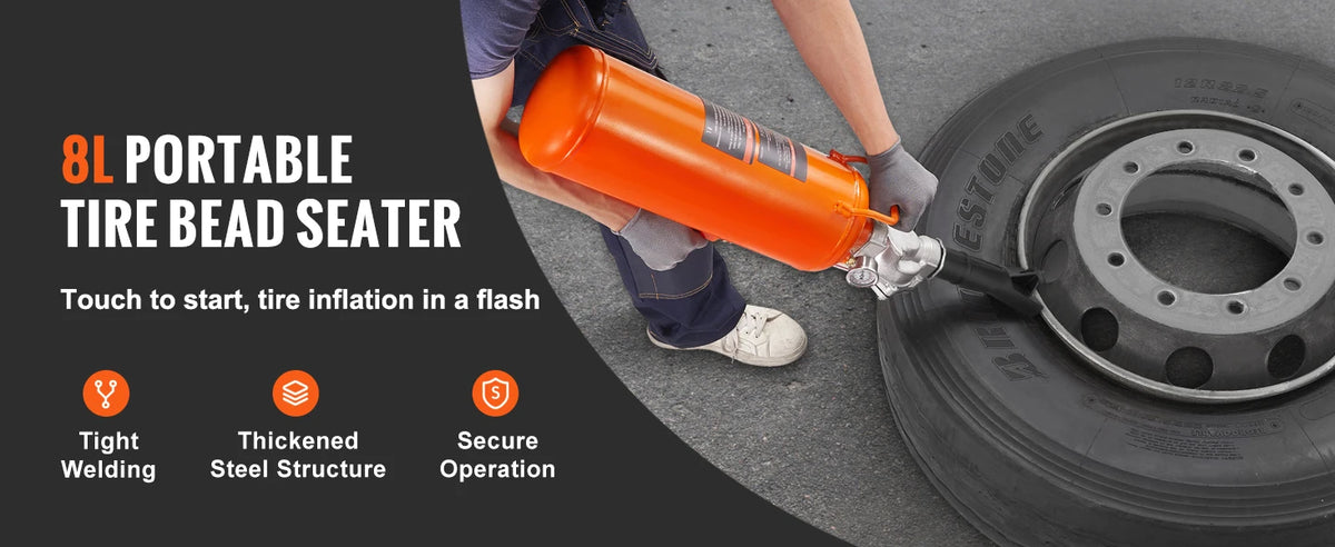 A person uses an orange handheld air blaster to seat a tire bead on a tire.