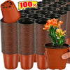 A stack of terracotta-colored reusable plastic seedling pots for gardening.