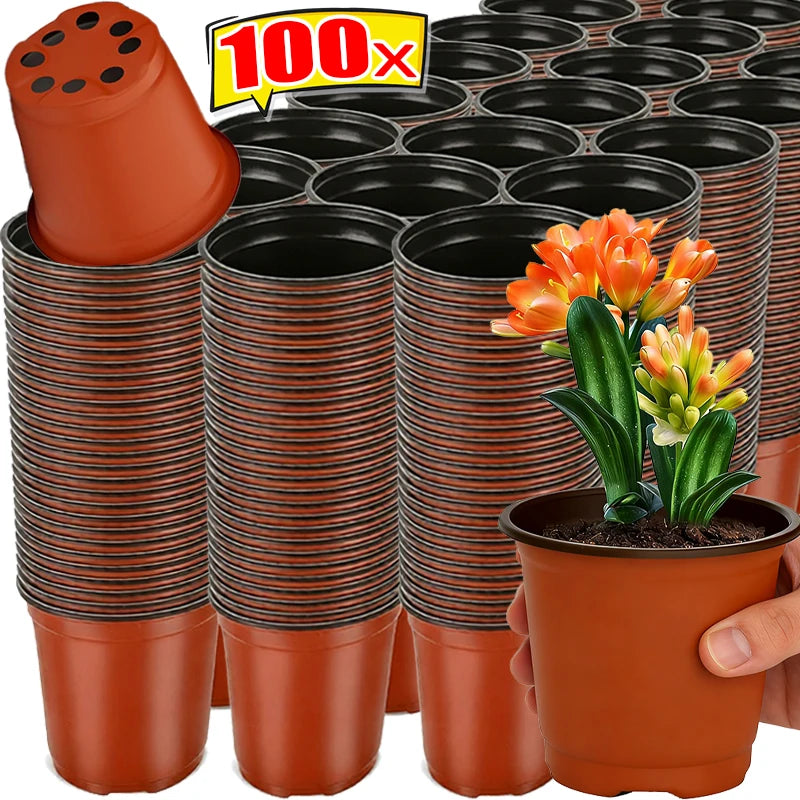 A stack of terracotta-colored reusable plastic seedling pots for gardening.