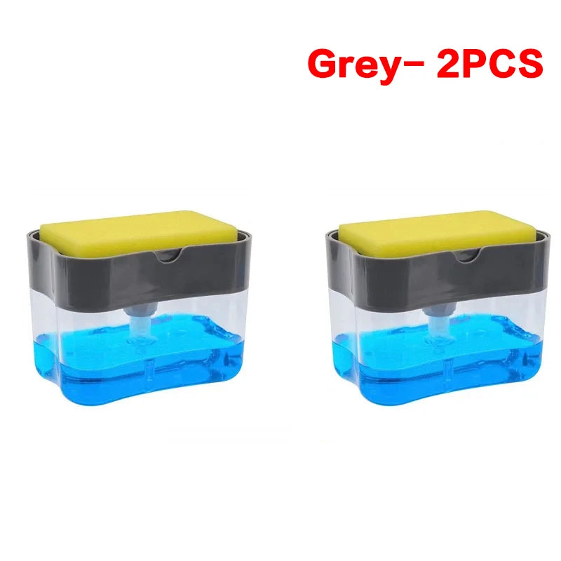 Two grey press-type portable soap dispensers, one filled with blue liquid and the other with yellow liquid.