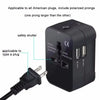 Schwarzer universeller Reise-AC-Adapter mit Sicherheitsschalter und mehreren Steckertypen.
