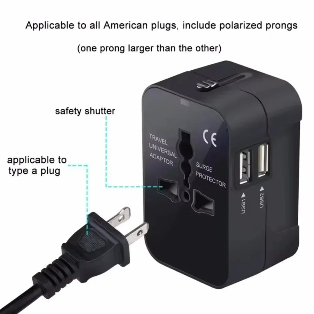 Schwarzer universeller Reise-AC-Adapter mit Sicherheitsschalter und mehreren Steckertypen.