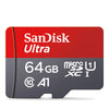 A red SanDisk Ultra microSD card with specifications 64GB and A1 rating.