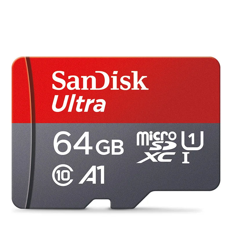 A red SanDisk Ultra microSD card with specifications 64GB and A1 rating.