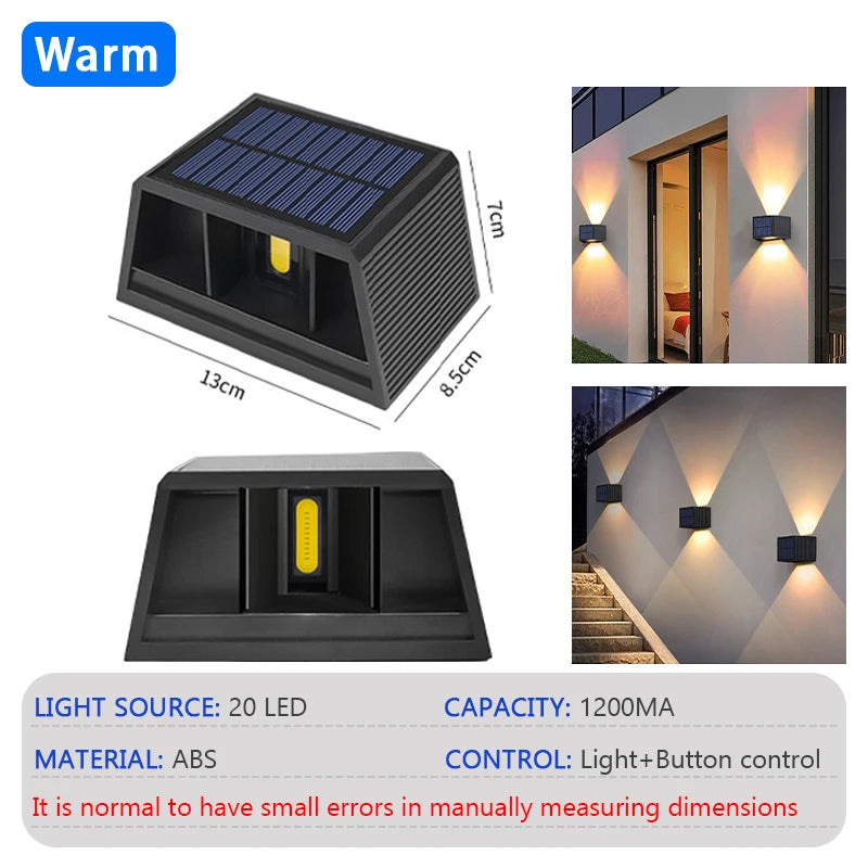 A black solar powered LED wall light fixture with an adjustable glow, shown in various views.