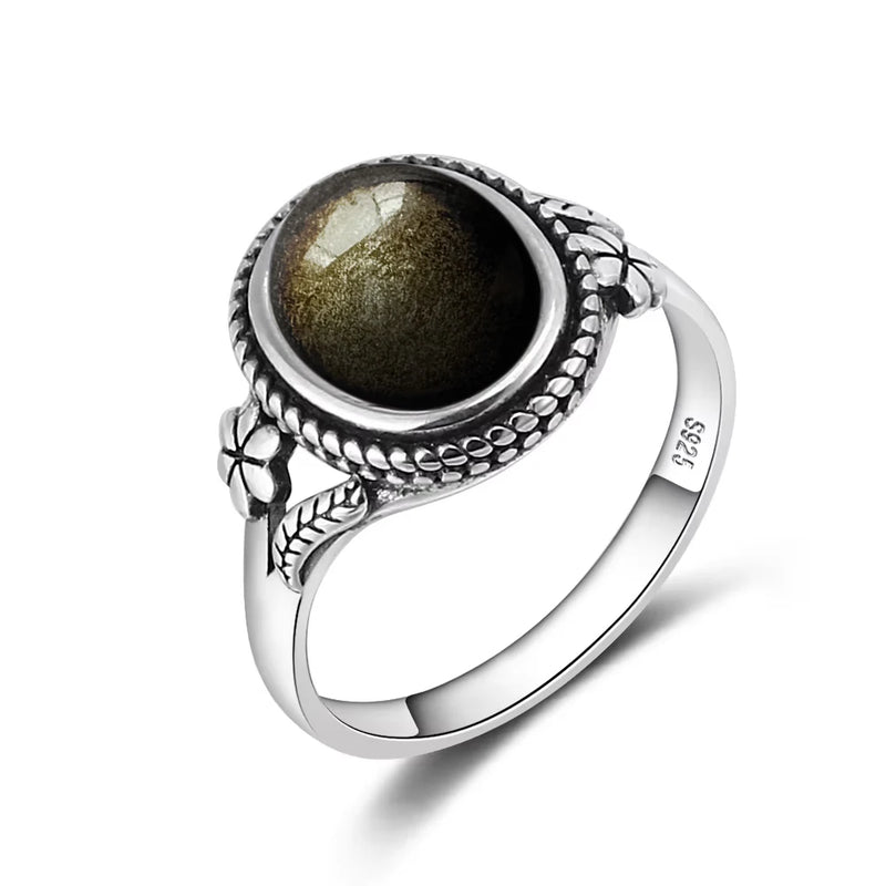 Vintage Sterling Silver Obsidian Ring with Sun and Flower Motif