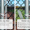 Comparison of plastic zip ties and metal zip ties used to secure a chain-link fence.