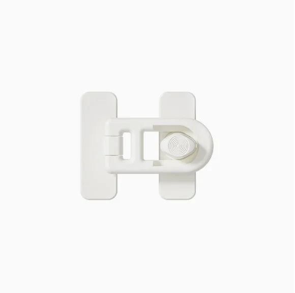 White non-drill child safety door locks for appliances with a lever mechanism.