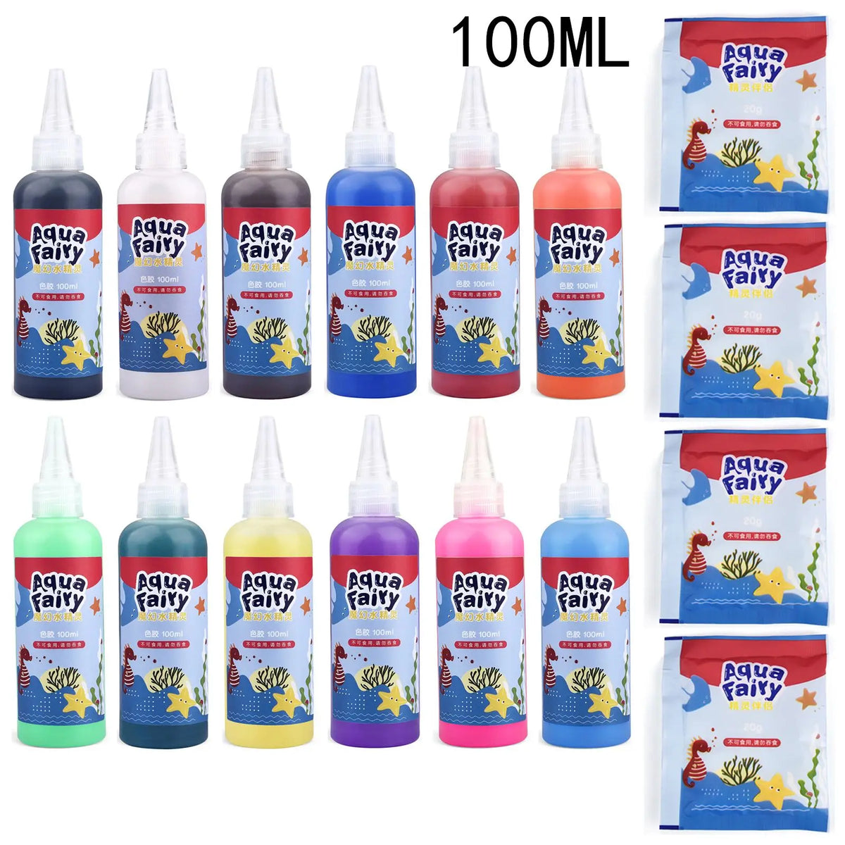 A collection of 100ml Aqua Fairy craft kits in various colors and designs for DIY 3D water elf projects.