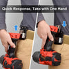 A hand is shown quickly taking a clip-on tool belt holster for drills and power tools off a belt.