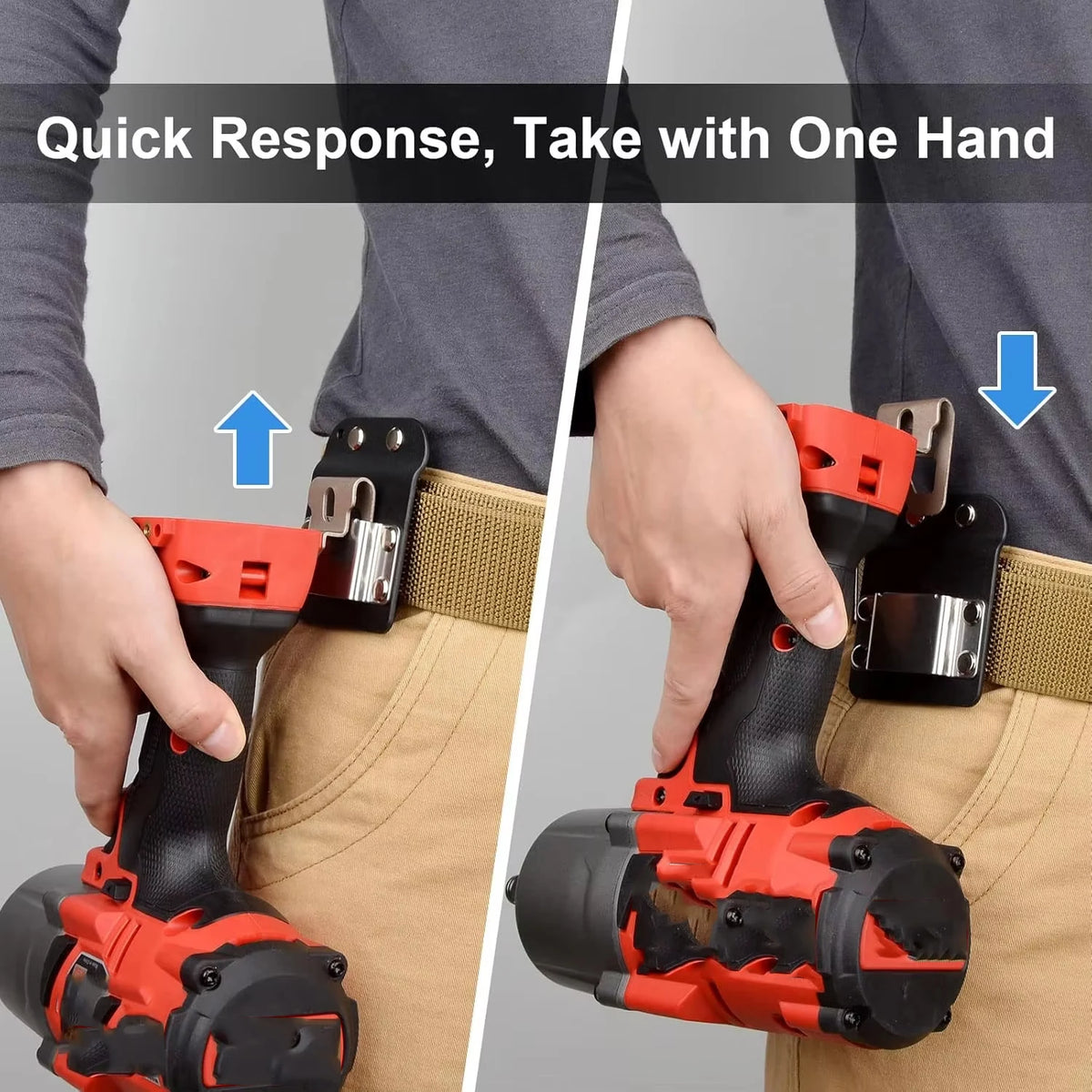 A hand is shown quickly taking a clip-on tool belt holster for drills and power tools off a belt.