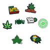 A set of green PVC pins featuring cannabis leaf designs and text like Eat Sleep Smoke Repeat and Bad Birch Good Weed