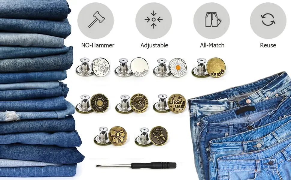 A set of jeans button repair kit including a hammer, adjustable tool, all-match buttons, and reuse options.
