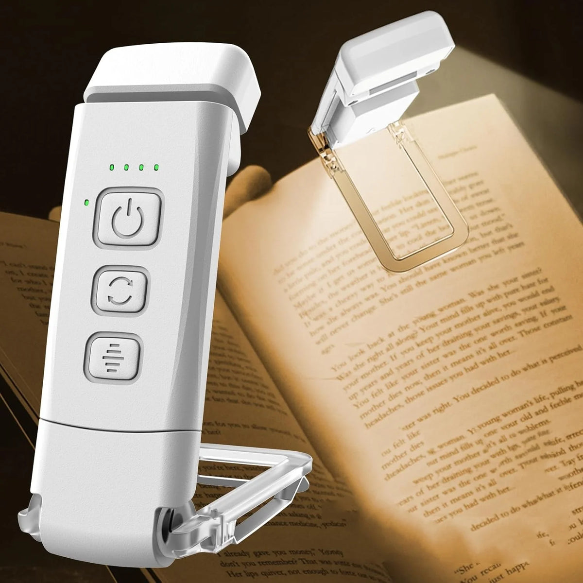 A white rechargeable clip-on LED book light with a flexible neck is shown resting on an open book.