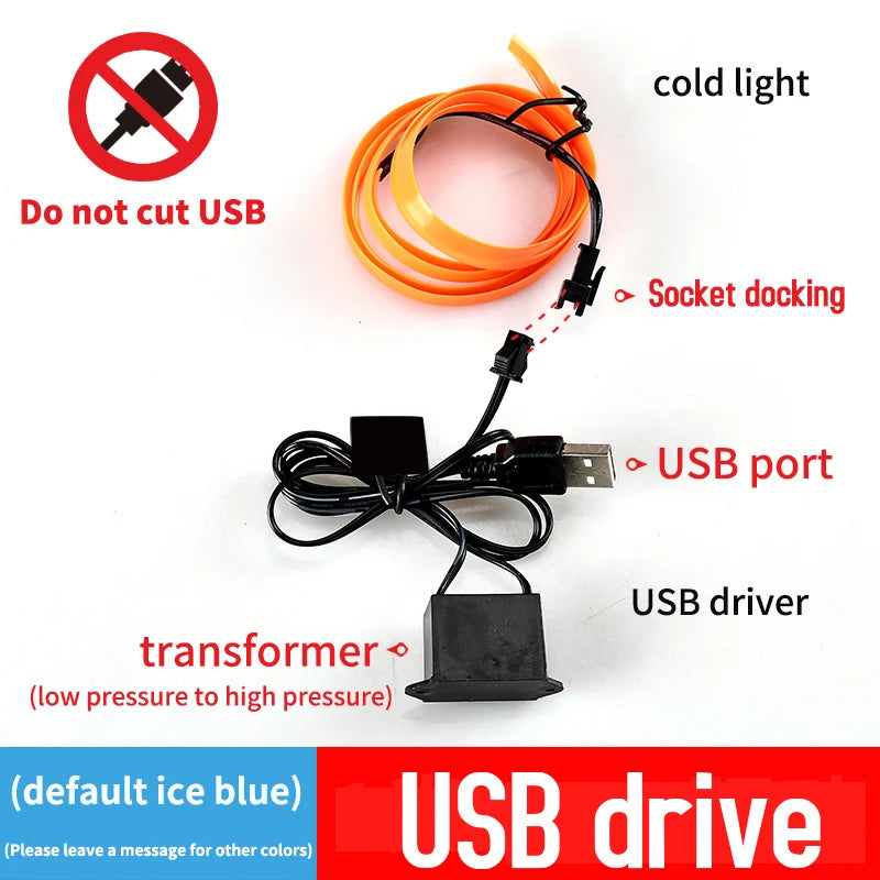 A flexible 5m USB LED light strip with a transformer and USB port for car interior lighting.