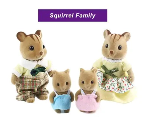 A set of squirrel family miniature dolls featuring various forest animal characters.