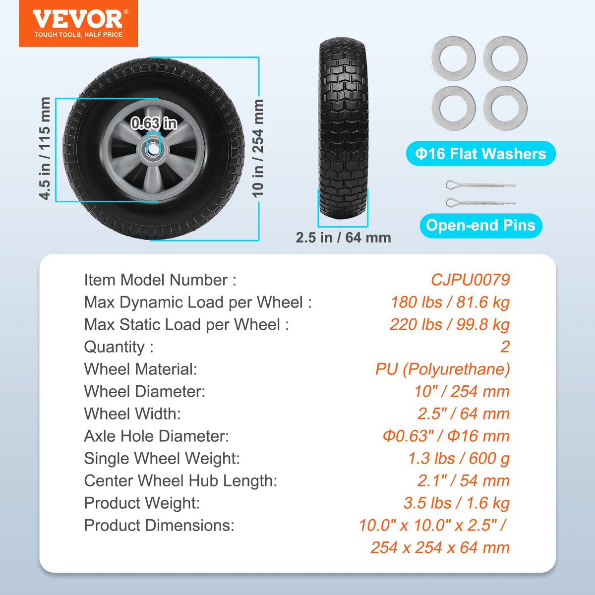10" Solid PU Run-Flat Wheels with Metal Hub (2-Pack)