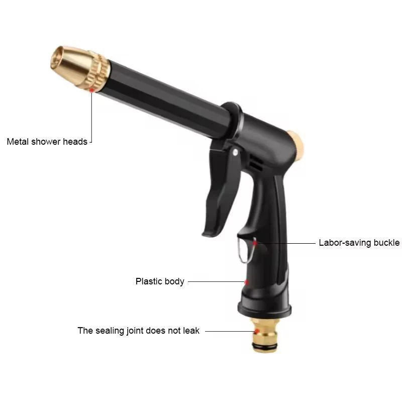 A black expandable garden hose with a metal shower head and plastic body.