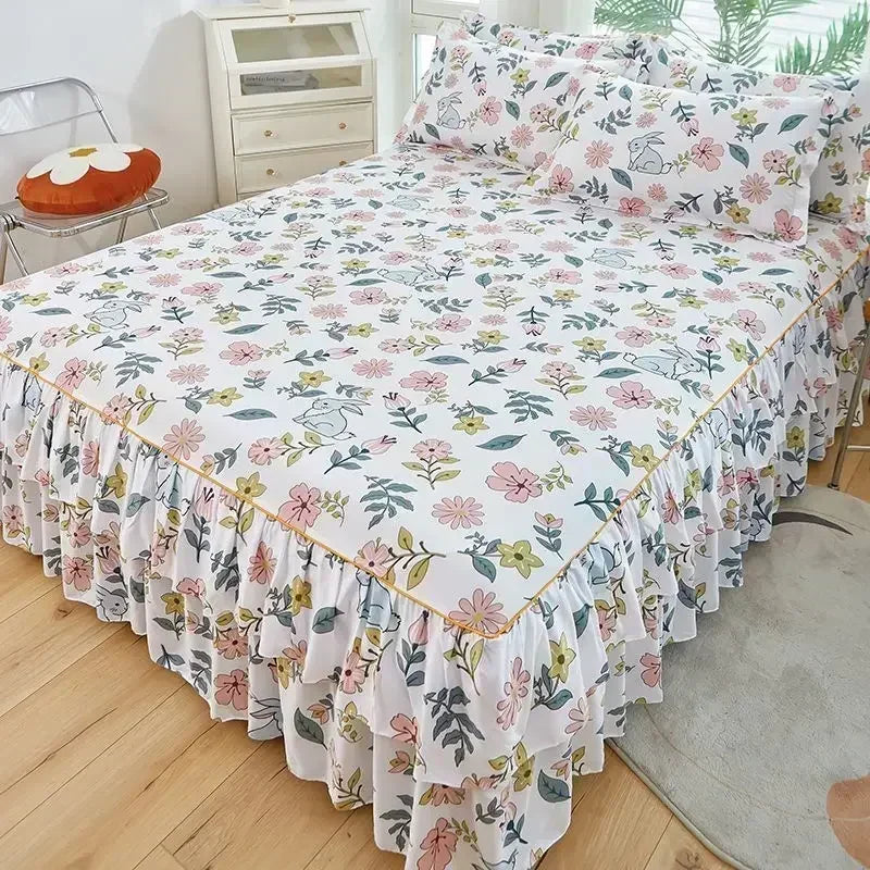 Floral Bed Skirt Set with Anti-Slip Mattress Cover