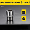 A close-up view of a 21mm hex wrench socket with a 12.5mm drive size and a 21mm opening, shown against a dark background.
