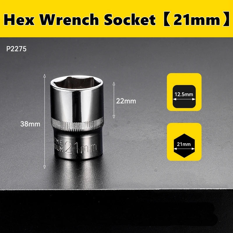 A close-up view of a 21mm hex wrench socket with a 12.5mm drive size and a 21mm opening, shown against a dark background.