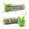A colorful puzzle caterpillar toy made of interlocking rings, shown next to its assembled form.
