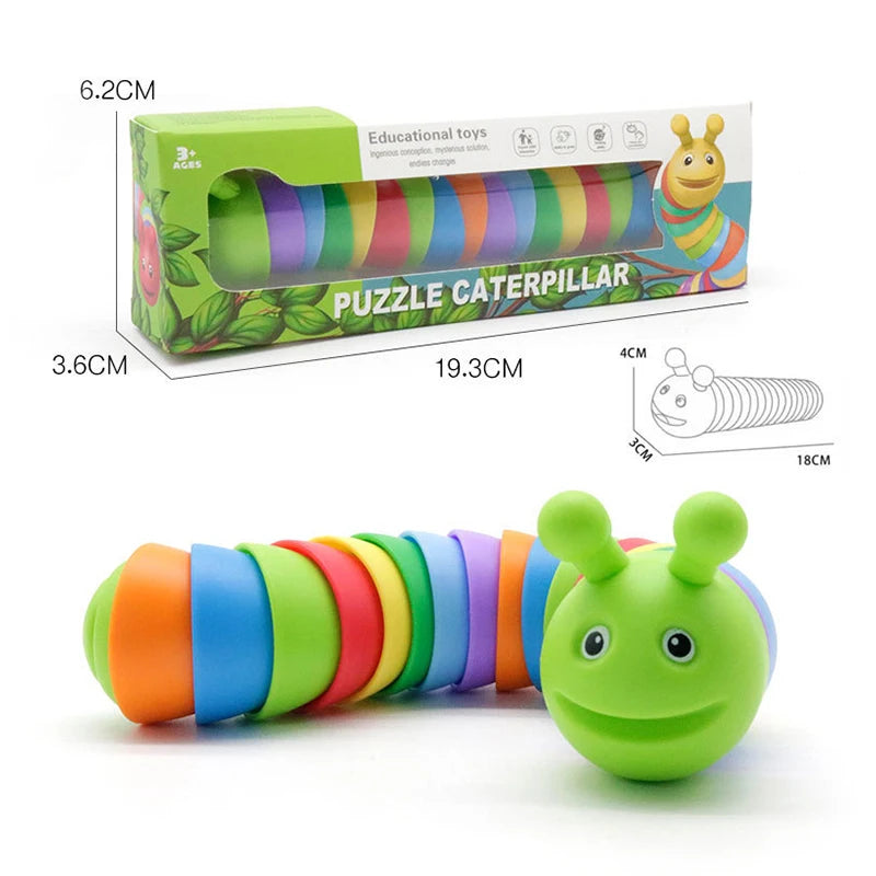 A colorful puzzle caterpillar toy made of interlocking rings, shown next to its assembled form.