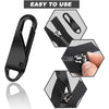 Close-up view of black replacement zipper pulls and slider components for universal zipper repair.
