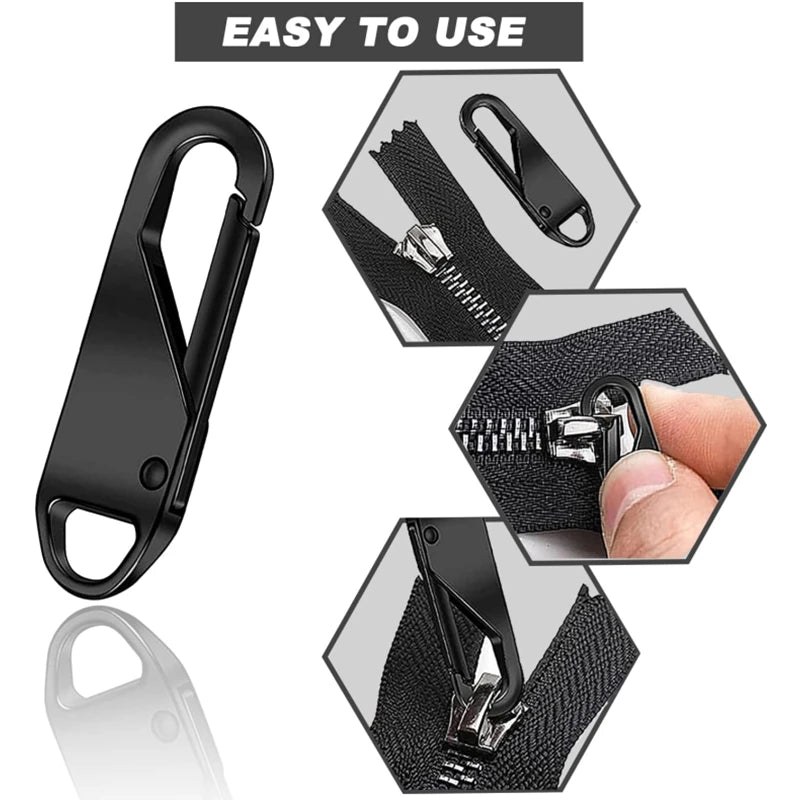 Close-up view of black replacement zipper pulls and slider components for universal zipper repair.