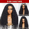 A display of a 3-in-1 half wig featuring a headband wig, half wig, and ponytail wig in black kinky curly human hair.