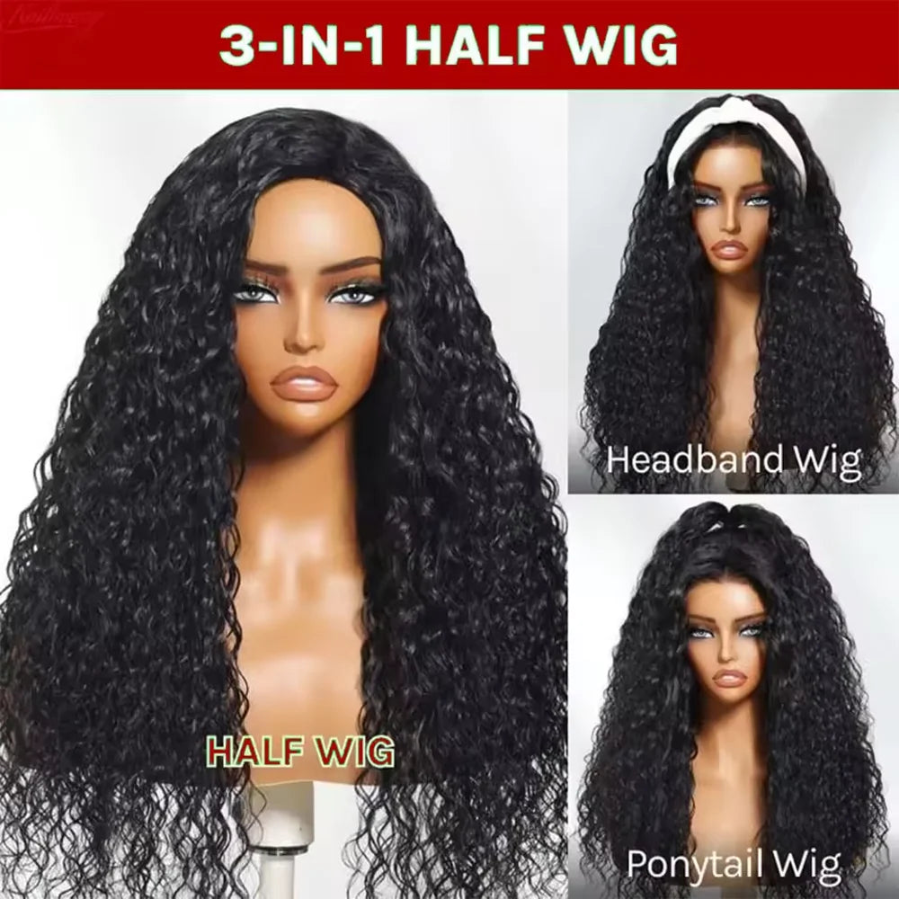 A display of a 3-in-1 half wig featuring a headband wig, half wig, and ponytail wig in black kinky curly human hair.