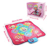 A pink interactive music dance carpet mat with colorful lights and a small electronic device for kids.
