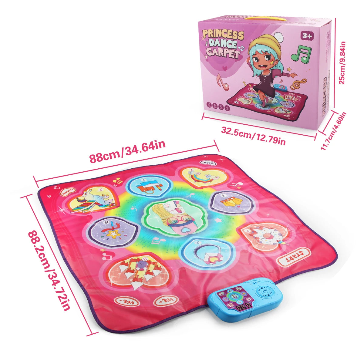 A pink interactive music dance carpet mat with colorful lights and a small electronic device for kids.