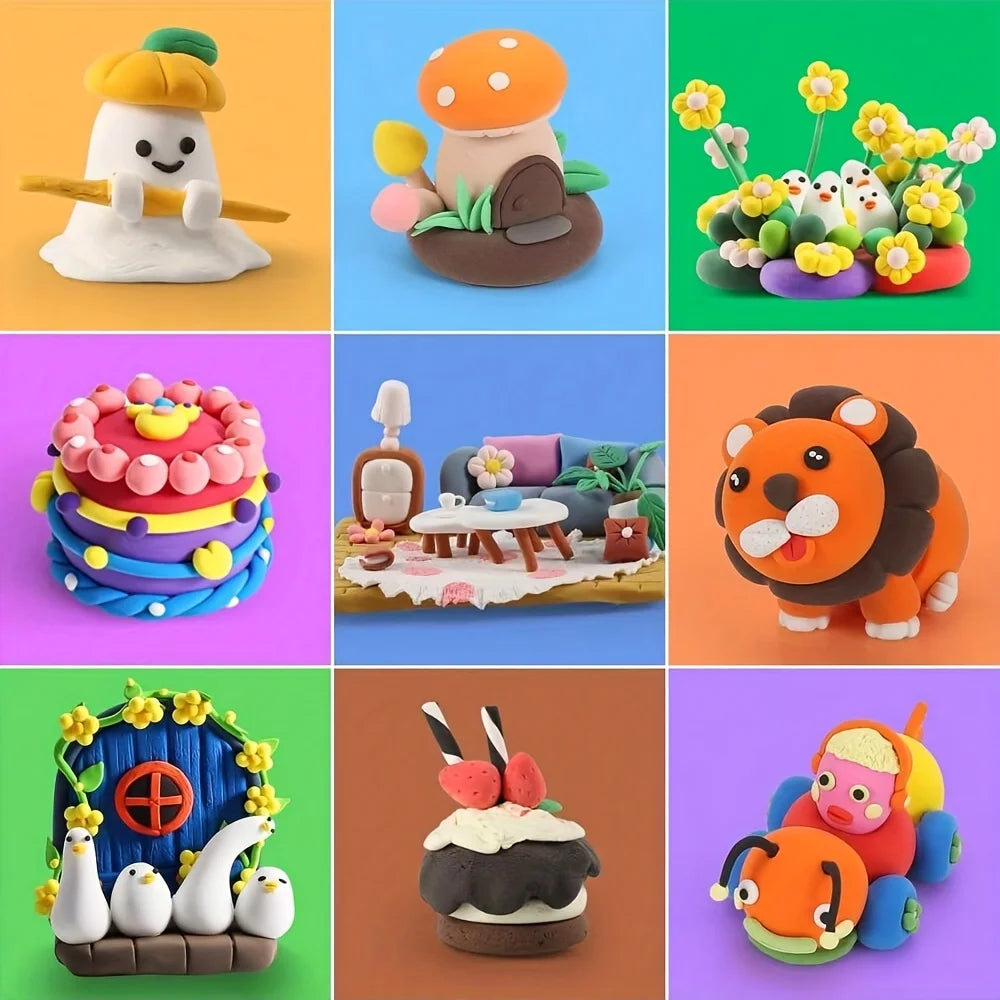 A collection of air dry clay models and tools featuring animals, food items, and decorative elements in various colors.