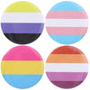 A set of colorful striped tinplate pins featuring rainbow colors like yellow, purple, blue, and pink.