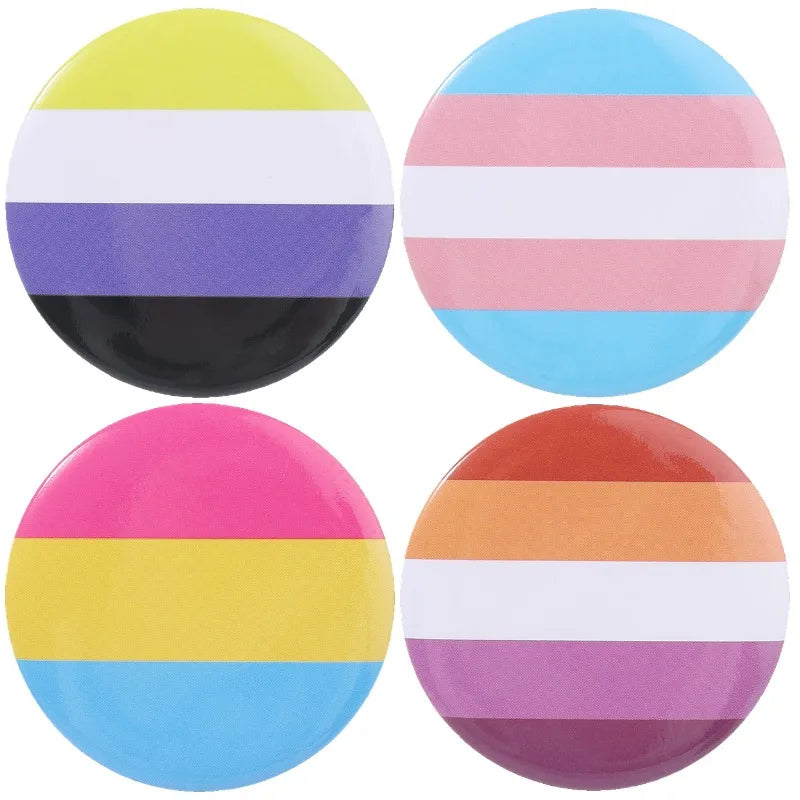 A set of colorful striped tinplate pins featuring rainbow colors like yellow, purple, blue, and pink.