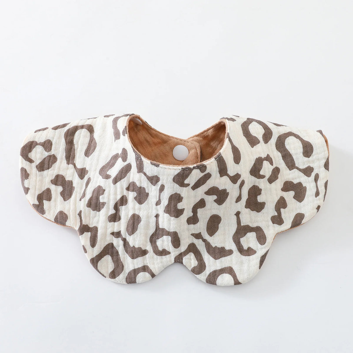 A beige leopard print baby feeding bib made of 6-layer cotton with an absorbent drool towel.