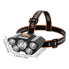 Black LED headlamp with an orange strap and a square light module shown against a white background.