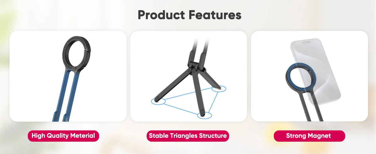 A magnetic phone tripod featuring a strong magnet and a stable triangle structure with a carabiner clip.