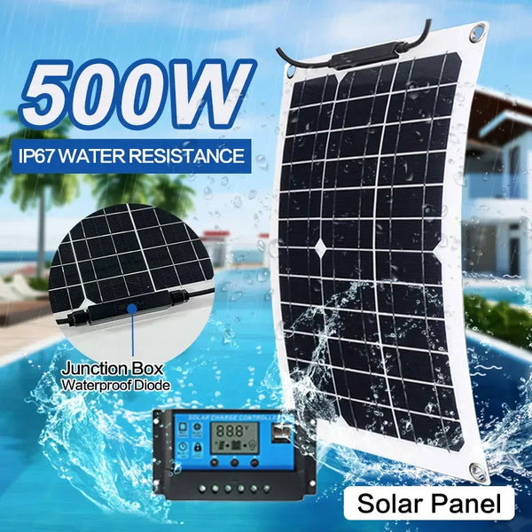A 500W solar panel and junction box waterproof diode are shown being washed by water.
