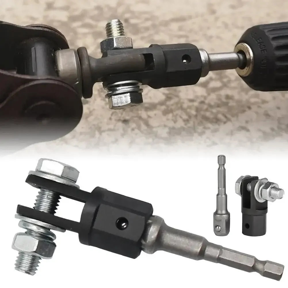 A close-up view of a chrome vanadium scissor jack adapter for drills and impact drivers.