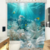 Ocean life shower curtain featuring a vibrant underwater scene with seahorses and coral reef structures.